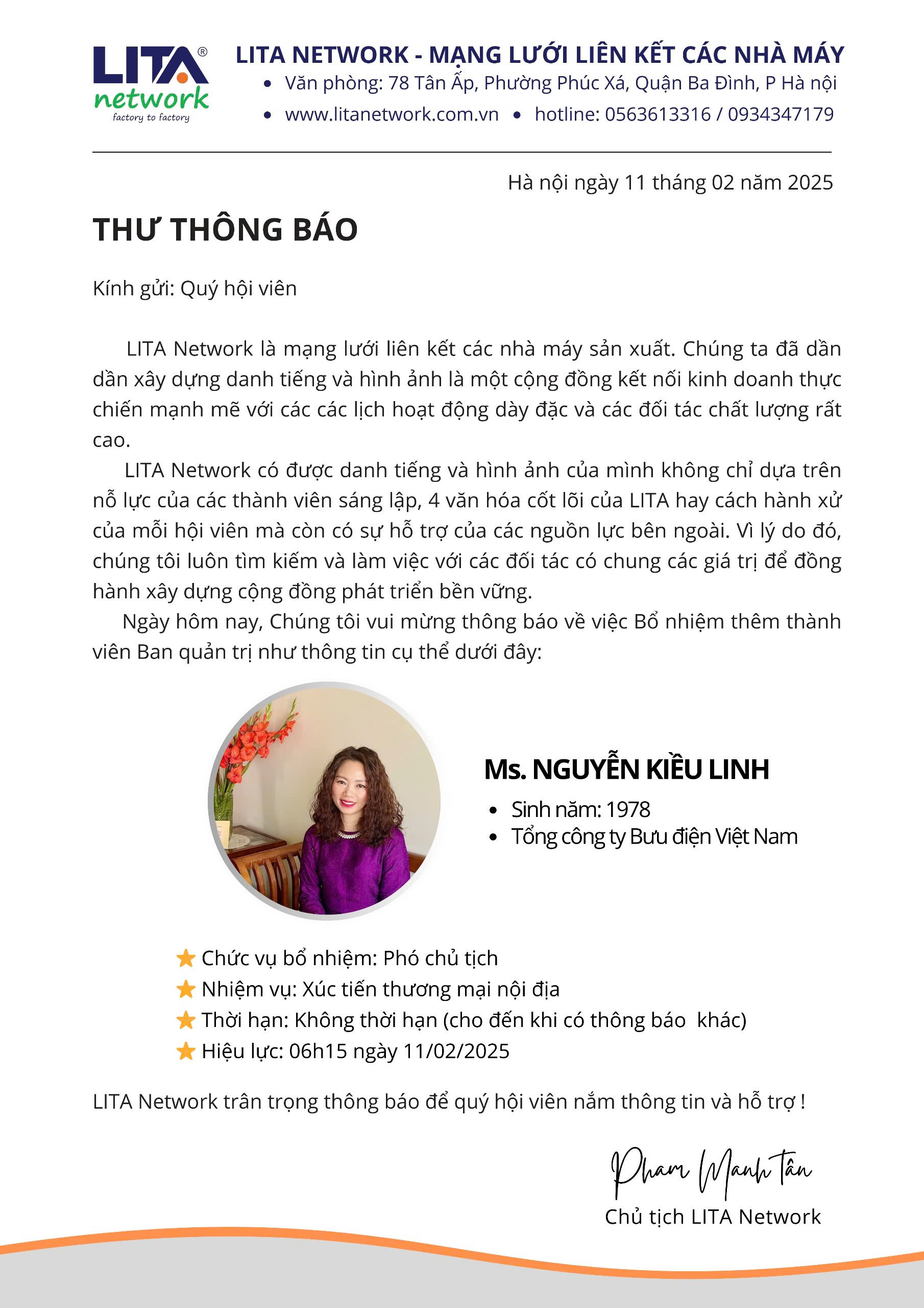 LITA NETWORK F2F THÔNG BÁO BỔ NHIỆM PHÓ CHỦ TỊCH NGUYỄN KIỀU LINH
